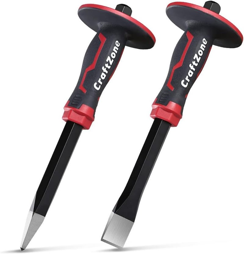 CRAFTZONE Masonry Chisel Set - 2-Piece Heavy Duty Pointed & Flat Rock Chisels, Concrete Stone Chisel with Hand Protection for Brick Breaking Carving Splitting Cutting Mason Tools - Image 1